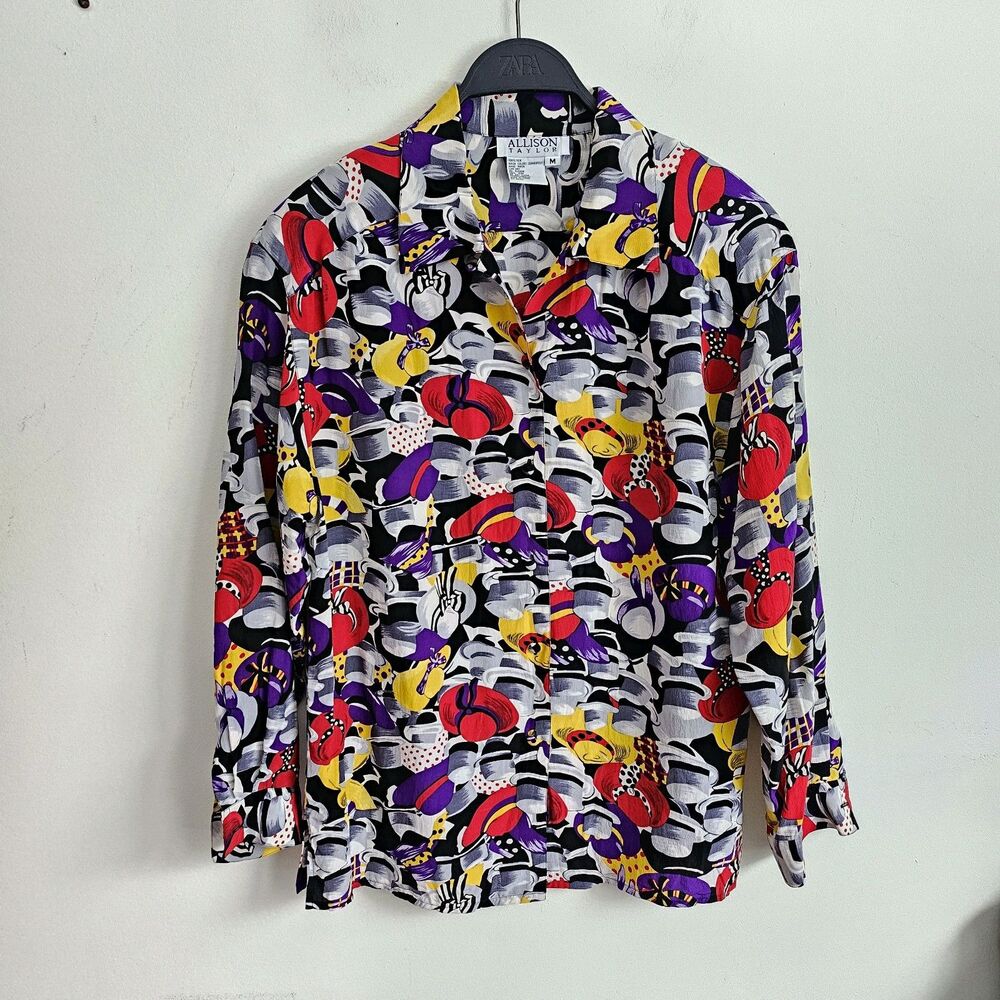 Vintage Allison Taylor Women's M 100% Silk Button Up Long Sleeve Shirt Top